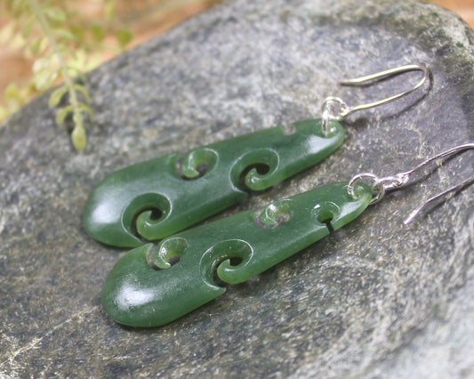 Roimata with Koru earrings carved from Hapopo Pounamu - NZ Greenstone
