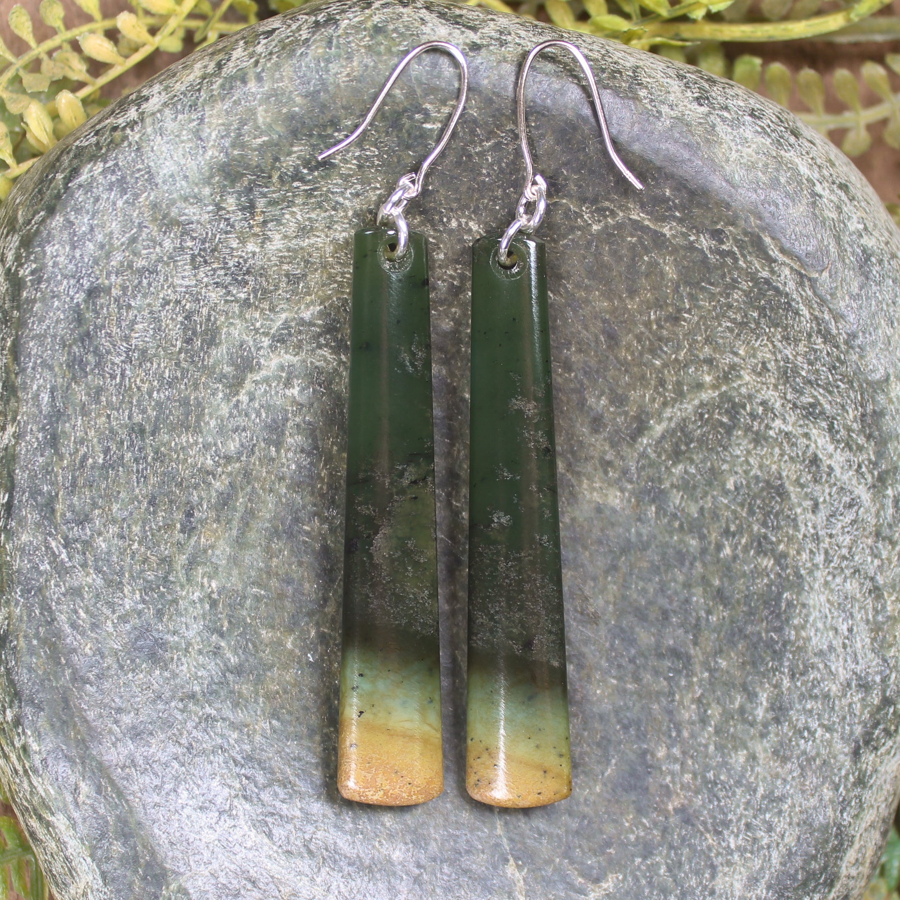 Roimata or Teardrop earrings carved from Flower Jade Pounamu - NZ Greenstone