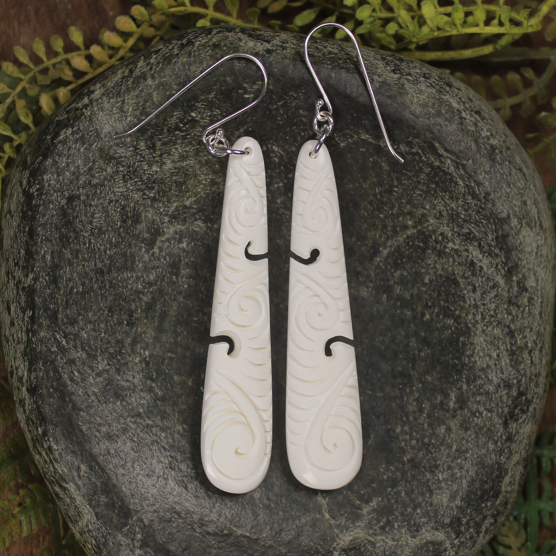 Roimata with Koru earrings carved from NZ Beef Bone