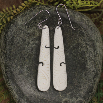 Roimata with Koru earrings carved from NZ Beef Bone