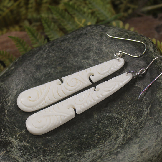 Roimata with Koru earrings carved from NZ Beef Bone