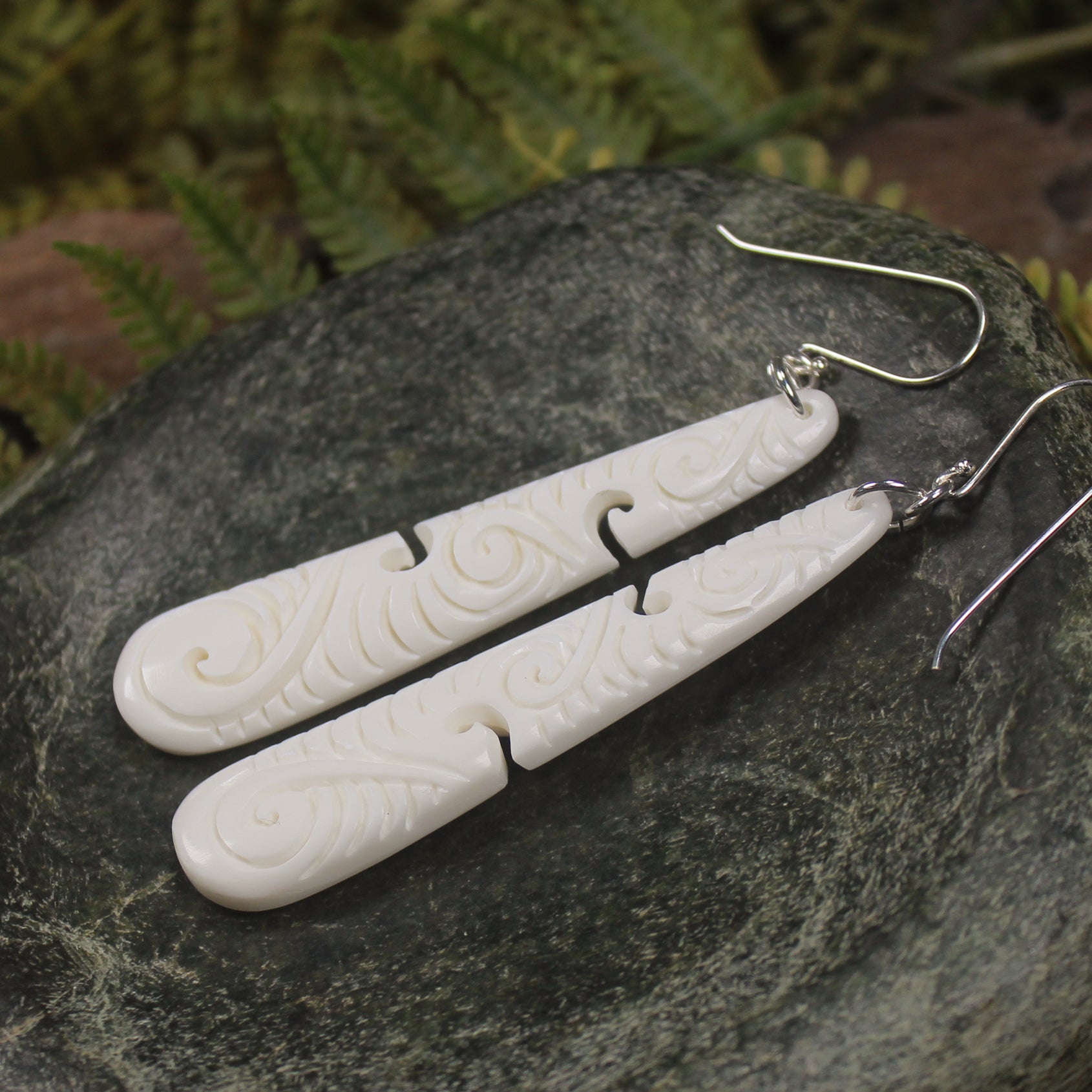 Roimata with Koru earrings carved from NZ Beef Bone