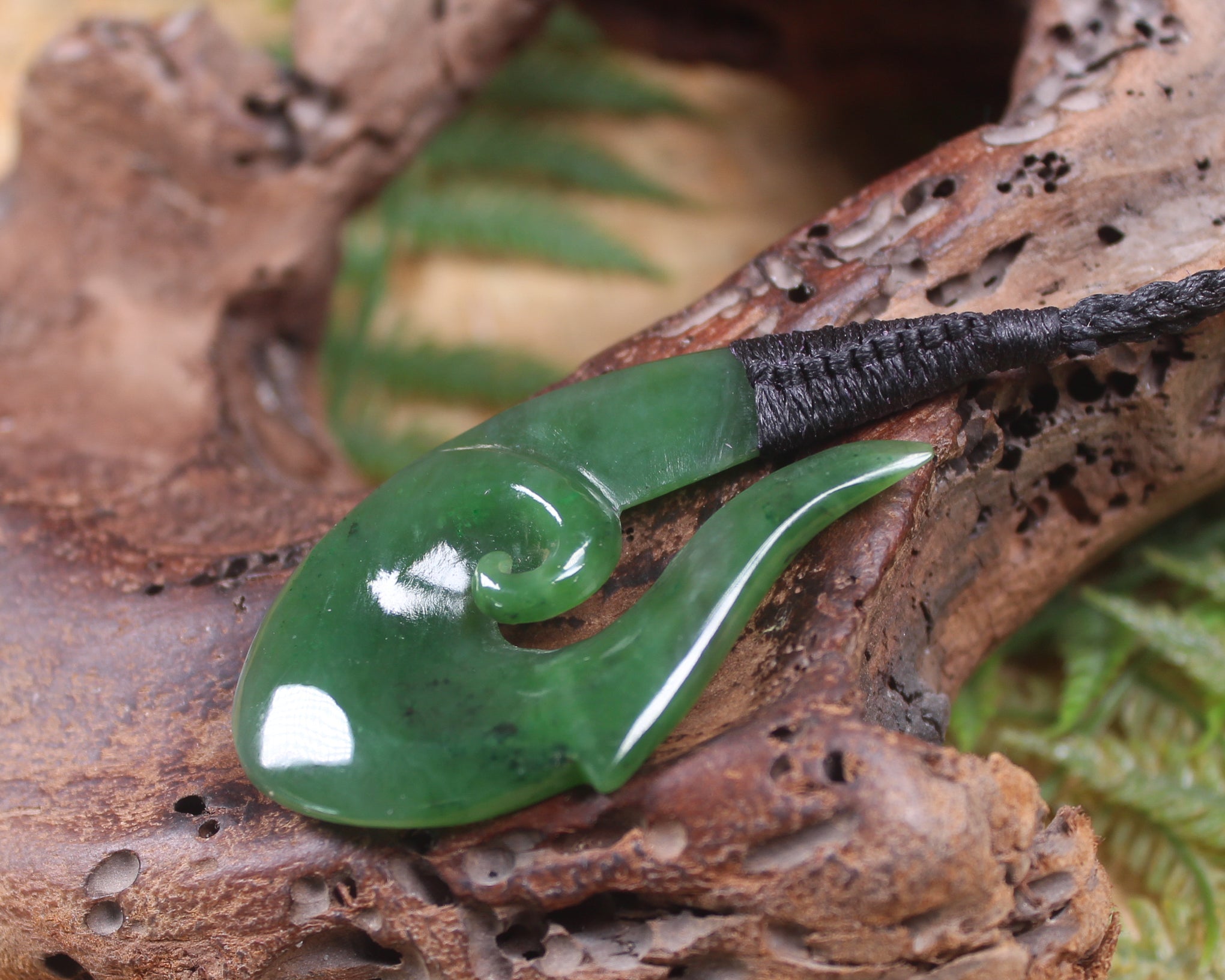 Hei Matau or Fish Hook carved from Hapopo Pounamu - NZ Greenstone