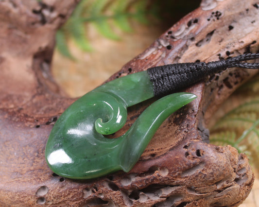Hei Matau or Fish Hook carved from Hapopo Pounamu - NZ Greenstone