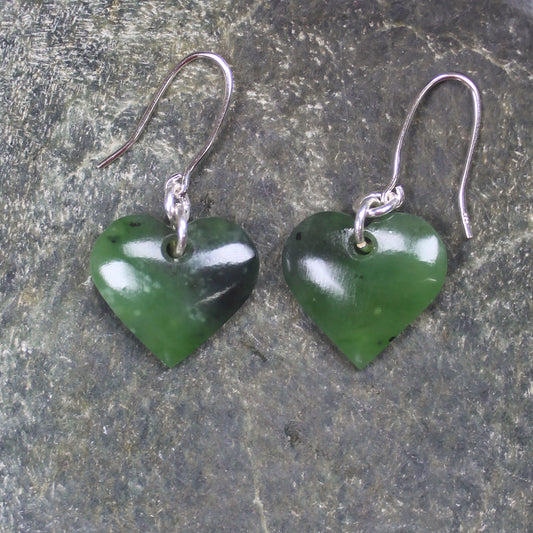 Heart Earrings carved from Hapopo Pounamu - NZ Greenstone