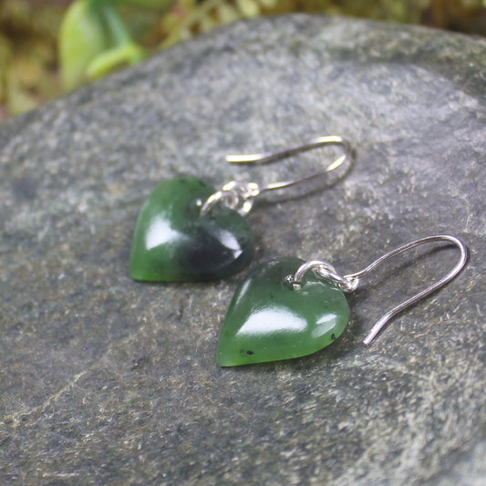 Heart Earrings carved from Hapopo Pounamu - NZ Greenstone