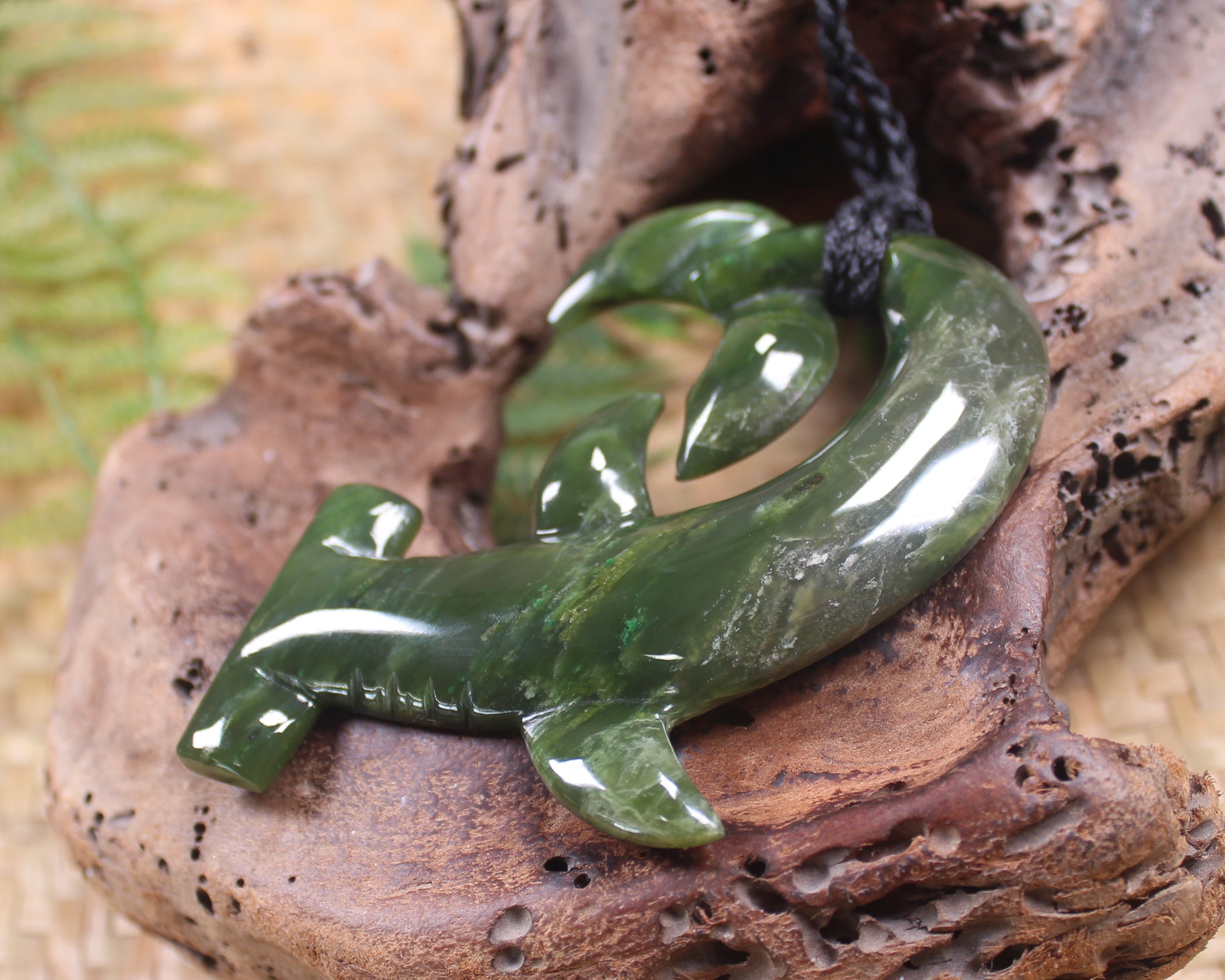 Hammerhead pendant carved from Rimu Pounamu - NZ Greenstone