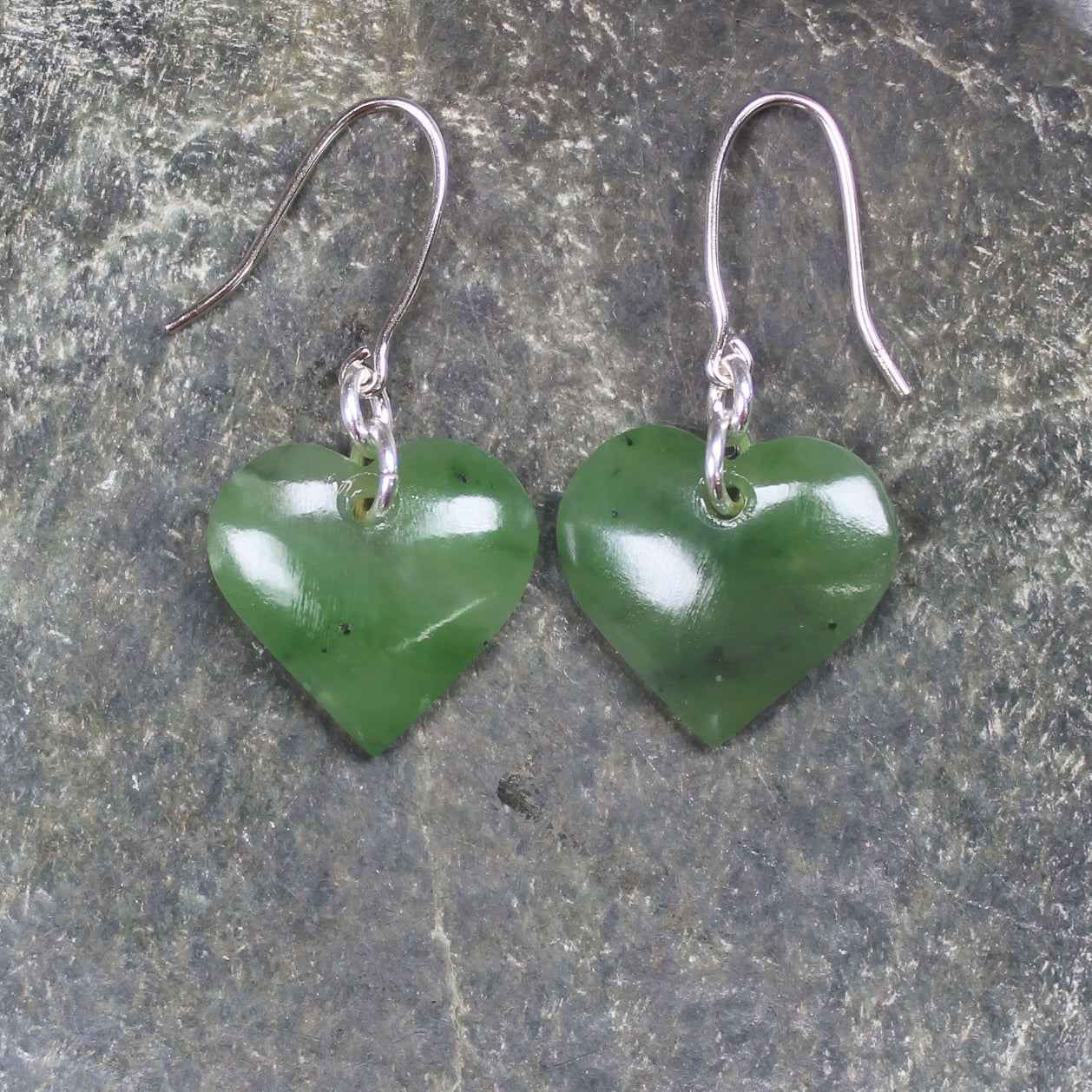 Heart Earrings carved from Hapopo Pounamu - NZ Greenstone