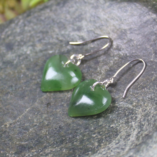 Heart Earrings carved from Hapopo Pounamu - NZ Greenstone