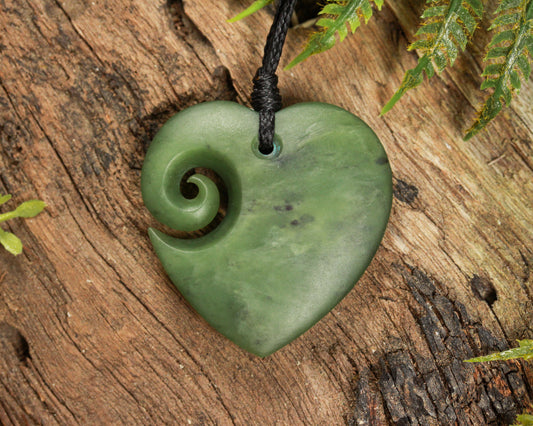 NZ Greenstone Medium Koru Heart Pendant (BK478) Hapopo Pounamu