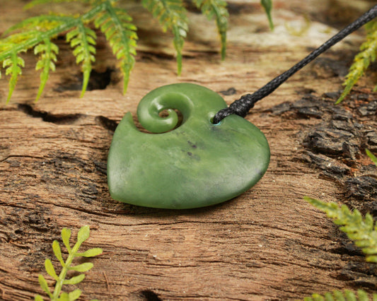 NZ Greenstone Medium Koru Heart Pendant (BK478) Hapopo Pounamu