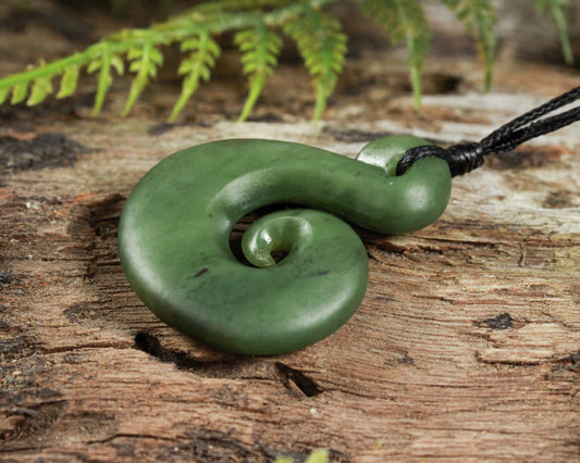 NZ Greenstone Medium Koru Pendant (BK491) Hapopo Pounamu