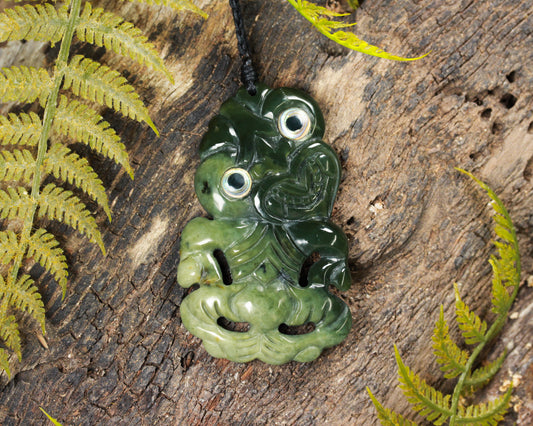NZ Greenstone Large Hei Tiki Pendant (BM108) Hapopo Pounamu