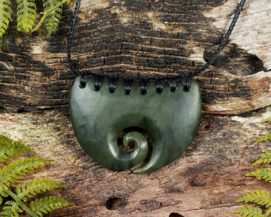 NZ Greenstone Medium Breastplate or Shield with Koru pendant (BN110) Hapopo Pounamu