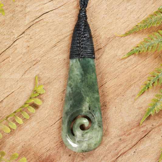 NZ Greenstone Medium Roimata with Koru Pendant (BP461) Hapopo Pounamu
