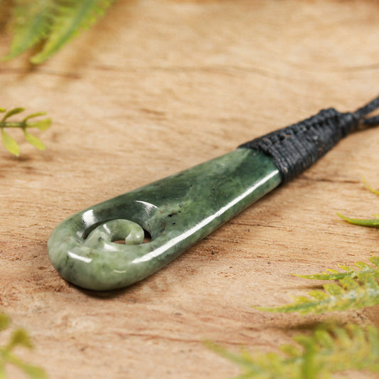 NZ Greenstone Medium Roimata with Koru Pendant (BP461) Hapopo Pounamu