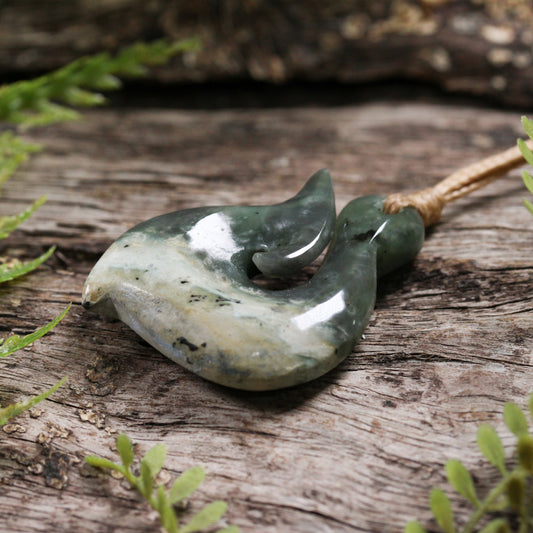 NZ Greenstone Small Hei Matau Pendant Flower Jade Pounamu