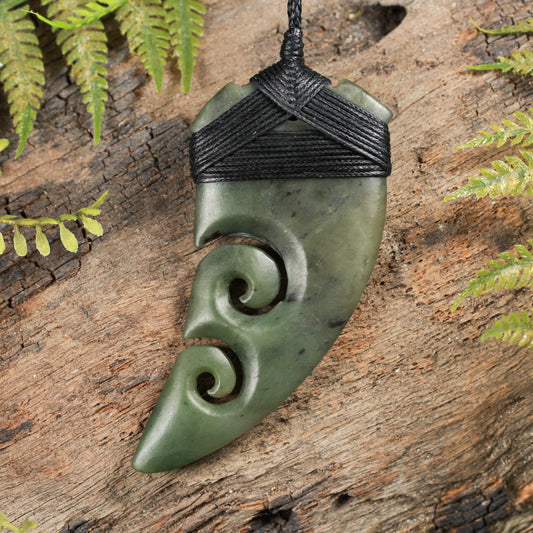 NZ Greenstone Large Niho Taniwha Tooth with Koru Pendant (BT733) Rimu Pounamu