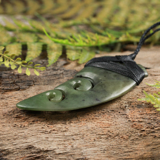 NZ Greenstone Large Niho Taniwha Tooth with Koru Pendant (BT733) Rimu Pounamu