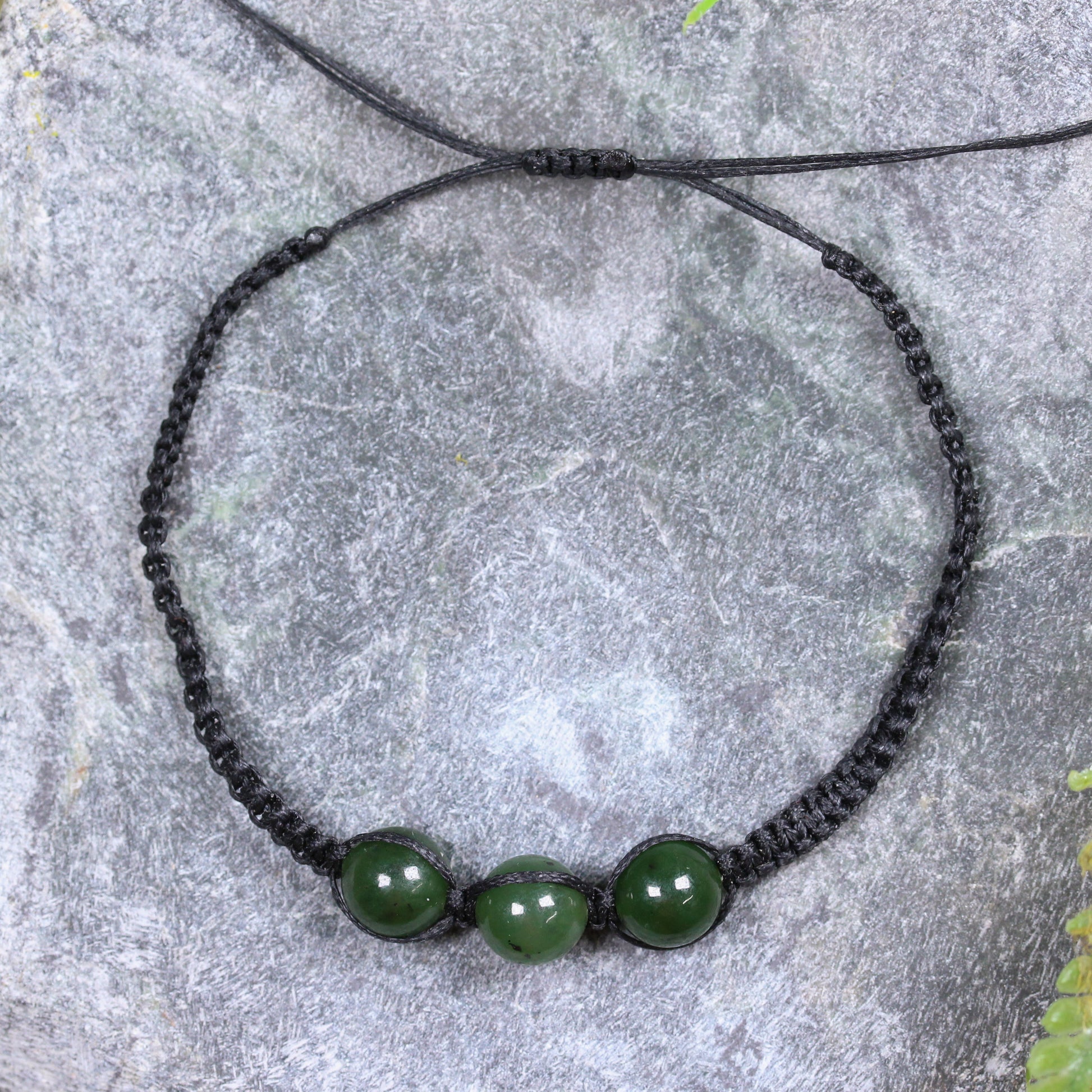 NZ Greenstone Adjustable Beaded Cord Bracelet Kawakawa Pounamu