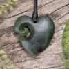 NZ Greenstone Small Koru Heart Pendant Kawakawa Pounamu