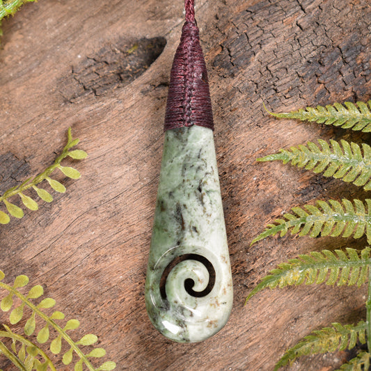 NZ Greenstone Medium Roimata with Koru Pendant (BW088) Hapopo Pounamu