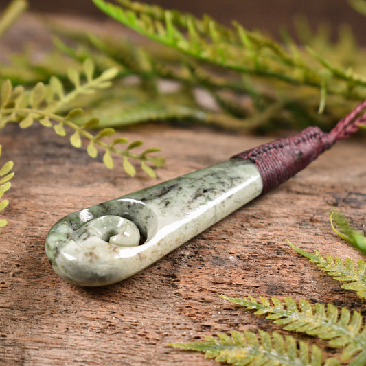 NZ Greenstone Medium Roimata with Koru Pendant (BW088) Hapopo Pounamu