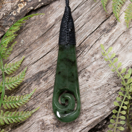 NZ Greenstone Medium Roimata with Koru Pendant Hapopo Pounamu