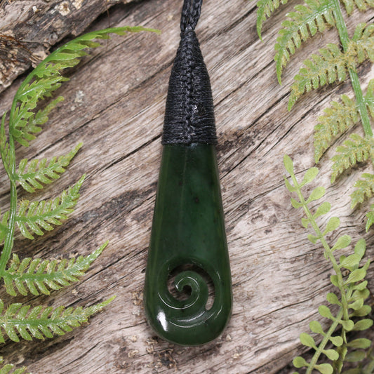 NZ Greenstone Medium Roimata with Koru Pendant Kawakawa Pounamu