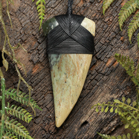 NZ Greenstone Large Niho Taniwha Tooth Pendant (BW165) Flower Jade Pounamu