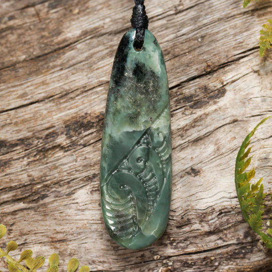 NZ Greenstone Small Roimata with Koru Pendant (BW463) Inanga Pounamu