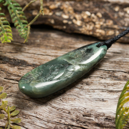 NZ Greenstone Small Roimata with Koru Pendant (BW463) Inanga Pounamu