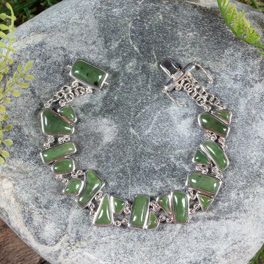NZ Greenstone Sterling Silver Set Linked Bracelet Hapopo Pounamu