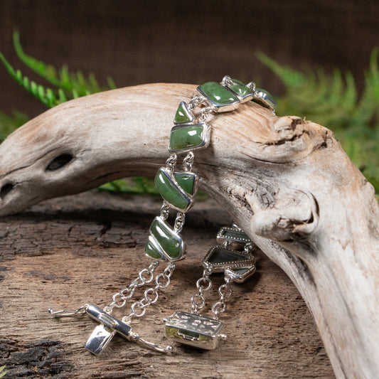 NZ Greenstone Sterling Silver Set Linked Bracelet Hapopo Pounamu