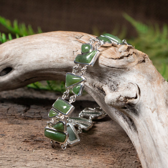 NZ Greenstone Sterling Silver Set Linked Bracelet Hapopo Pounamu
