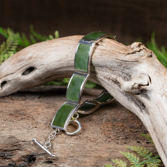 NZ Greenstone Sterling Silver Set Linked Bracelet Hapopo Pounamu