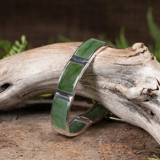 NZ Greenstone Sterling Silver Set Linked Bracelet Hapopo Pounamu