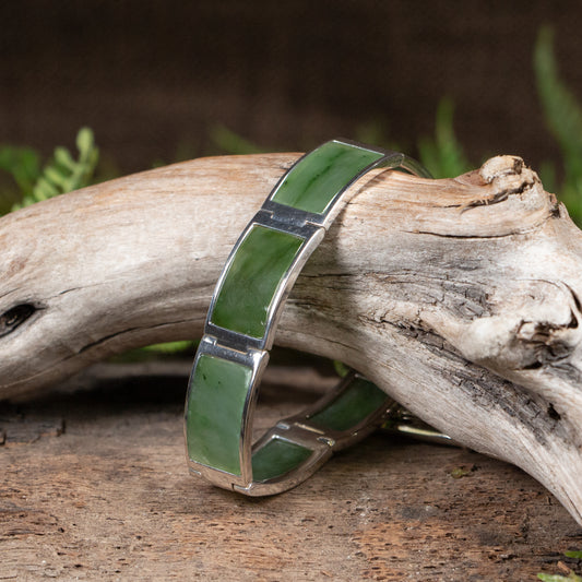 NZ Greenstone Sterling Silver Set Linked Bracelet Hapopo Pounamu