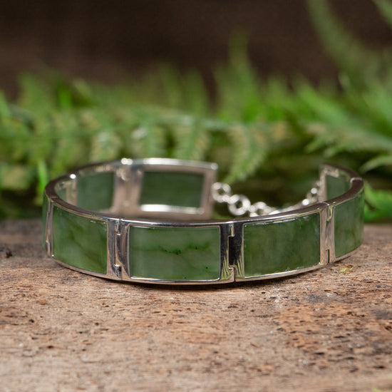 NZ Greenstone Sterling Silver Set Linked Bracelet Hapopo Pounamu