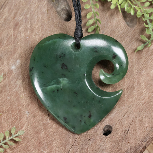 NZ Greenstone Large Koru Heart Pendant Hapopo Pounamu