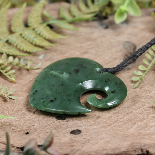 NZ Greenstone Large Koru Heart Pendant Hapopo Pounamu