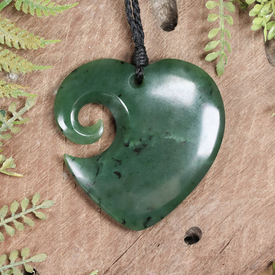 NZ Greenstone Large Koru Heart Pendant Hapopo Pounamu