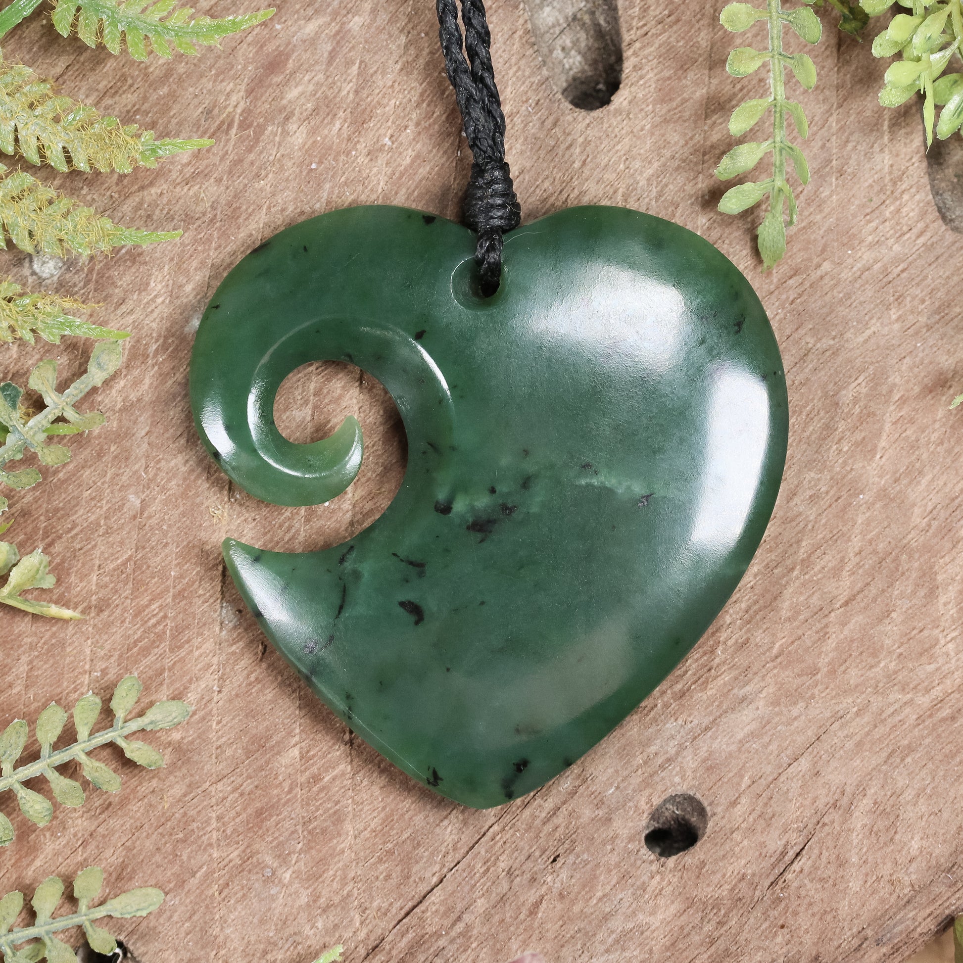 NZ Greenstone Large Koru Heart Pendant Hapopo Pounamu