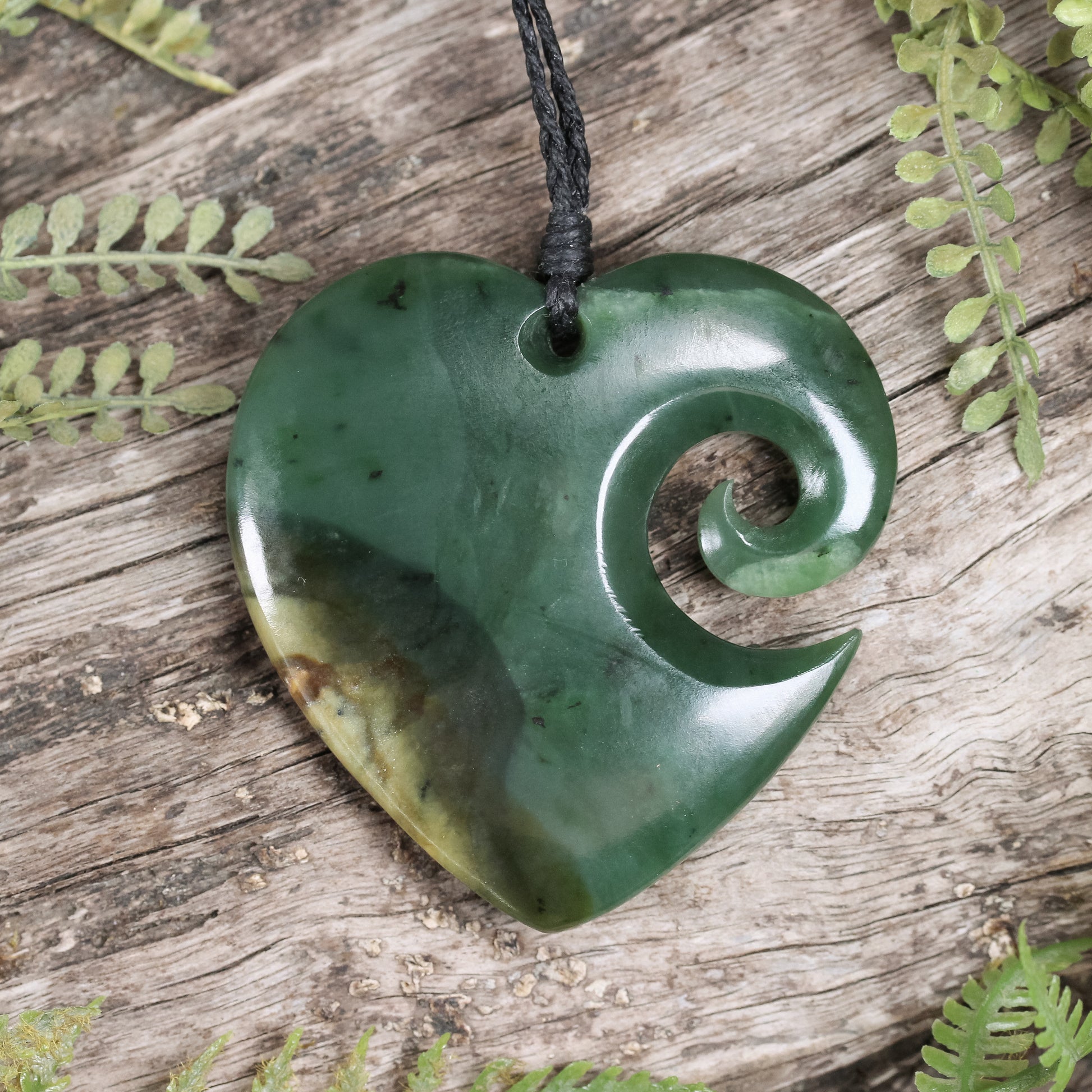 NZ Greenstone Large Koru Heart Pendant Flower Jade Pounamu