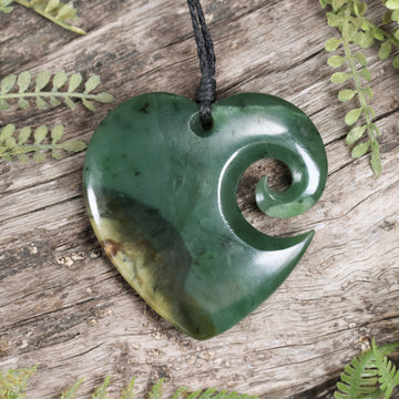 NZ Greenstone Large Koru Heart Pendant Flower Jade Pounamu