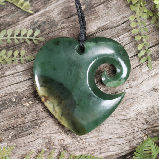 NZ Greenstone Large Koru Heart Pendant Flower Jade Pounamu