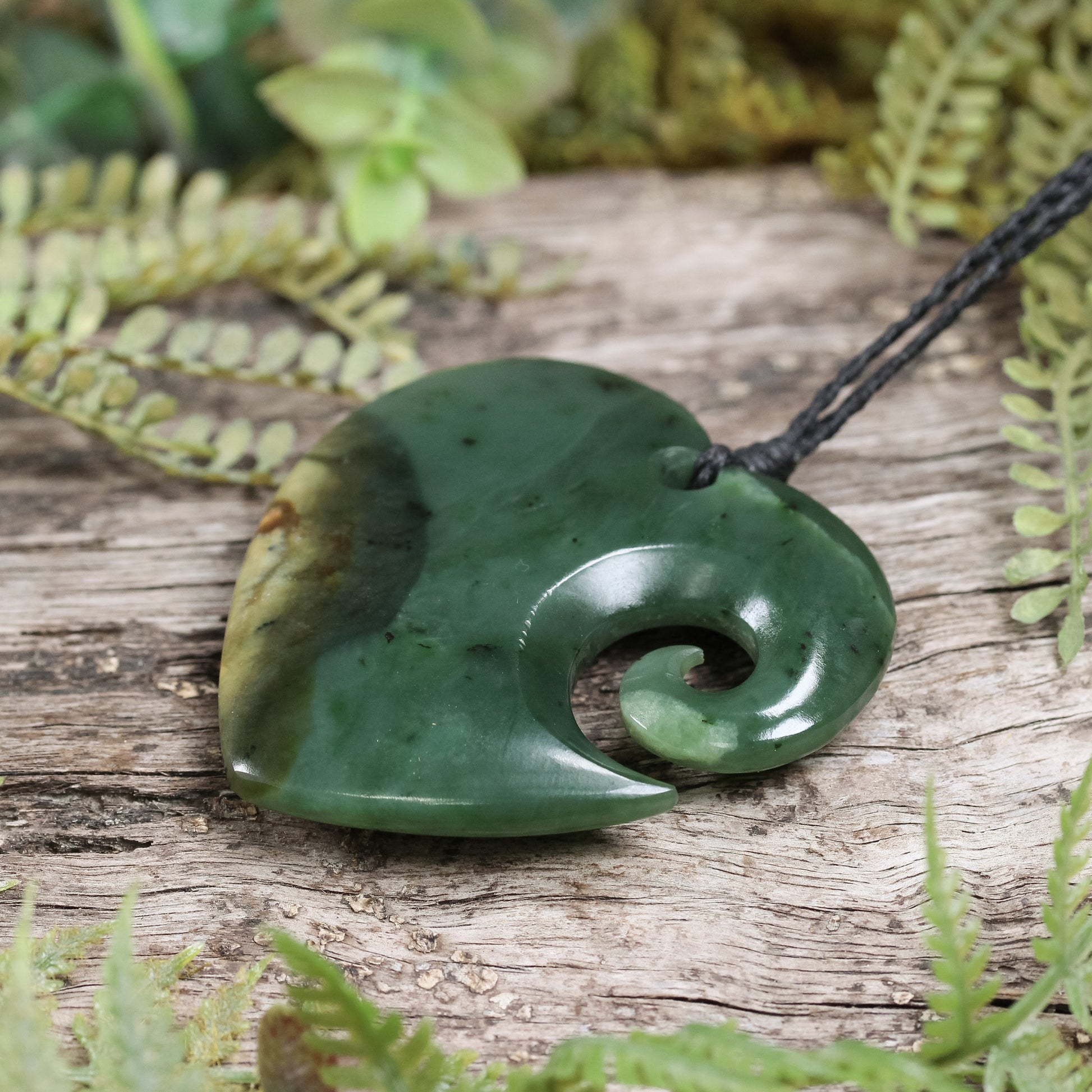 NZ Greenstone Large Koru Heart Pendant Flower Jade Pounamu