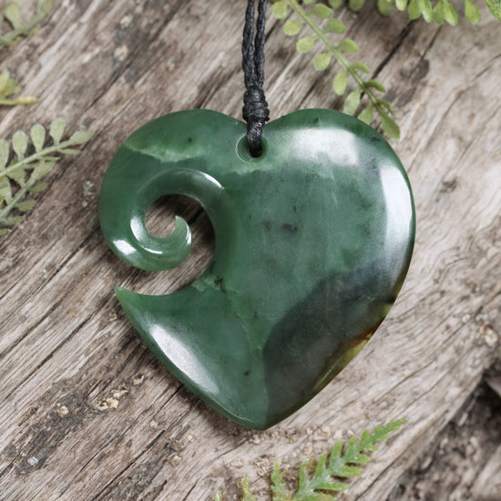 NZ Greenstone Large Koru Heart Pendant Flower Jade Pounamu