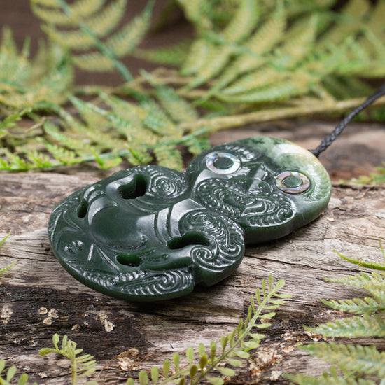 NZ Greenstone XLarge Hei Tiki Pendant Flower Jade Pounamu