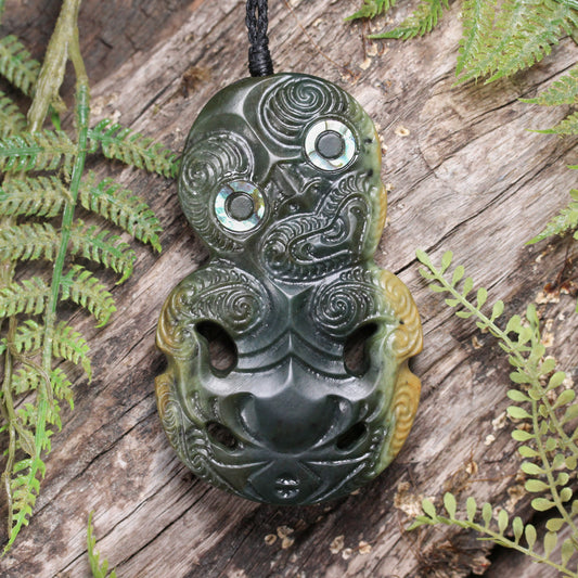 NZ Greenstone XLarge Hei Tiki Pendant Flower Jade Pounamu